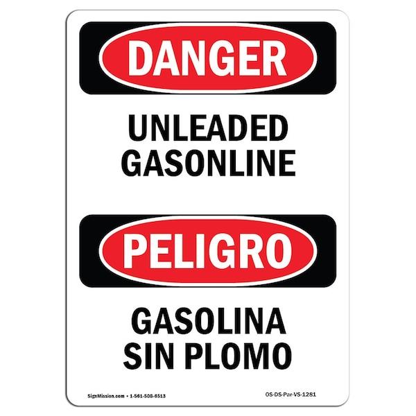Safety Sign, OSHA Danger, 5" Height, Unleaded Gasoline Bilingual Spanish, 10PK